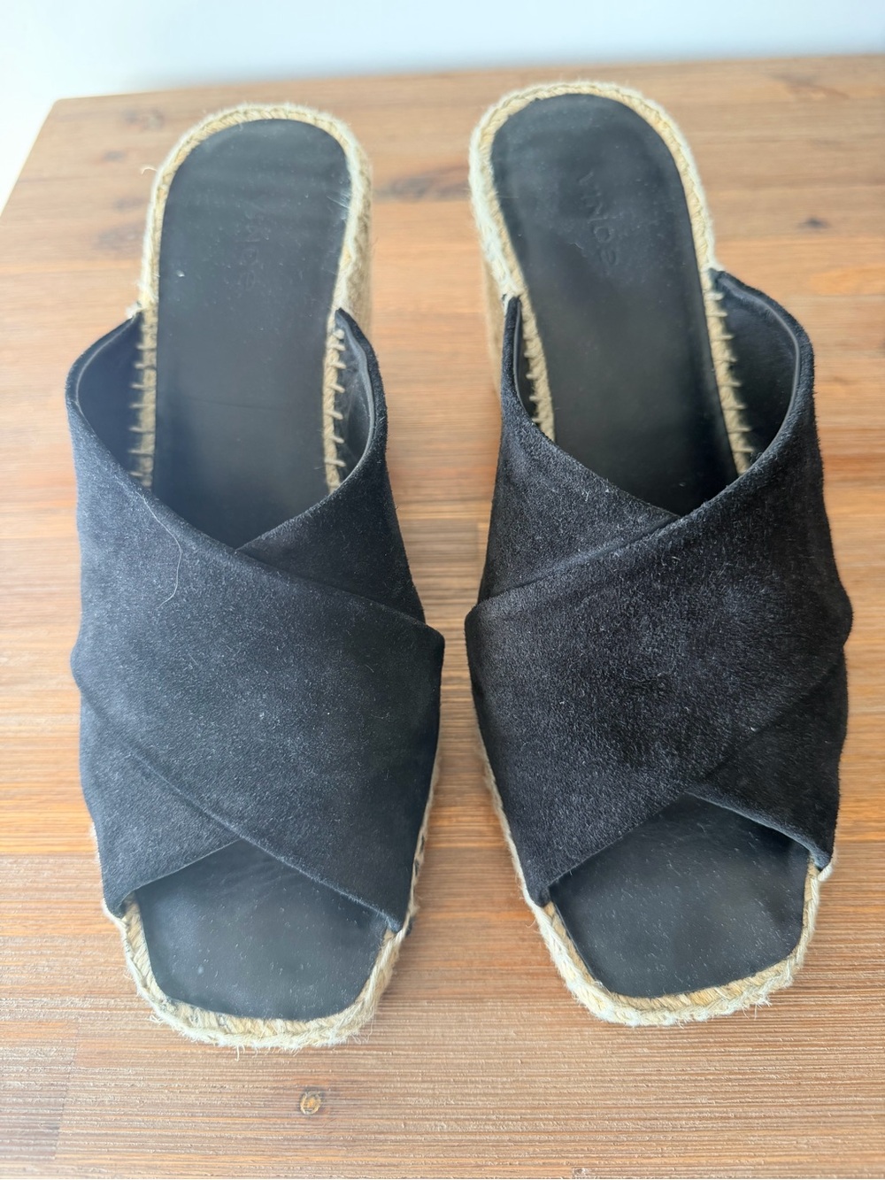 Vince Black Suede Criss Cross Espadrille Wedge Slide Sandals